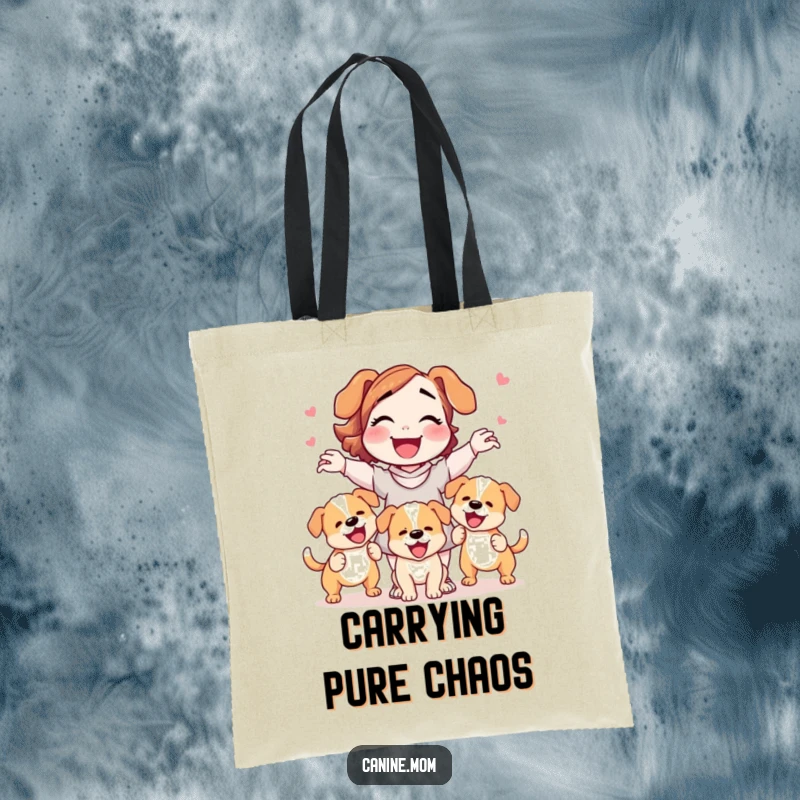 Funny dog lady tote bag gleefully juggling three wagging puppies, perfect for carrying essentials with a humorous touch.