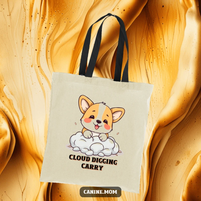 Funny Corgi Tote Bag: A playful corgi attempts to dig a hole in a cloud, perfect for carrying dreams and daily items.