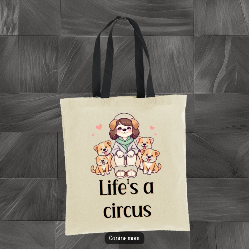 Funny tote bag showcasing a relaxed dog lady in slippers, adored by a pack of cheerful, tail-wagging dogs.