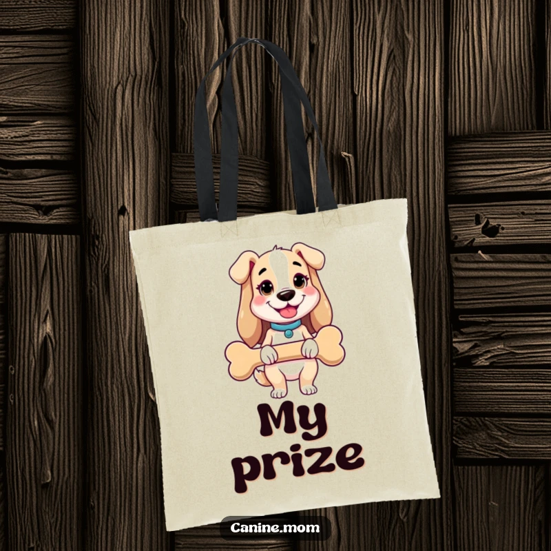 Funny dog lady tote bag of a cheerful woman holding an oversized dog bone. A chic and humorous accessory for devoted dog moms.