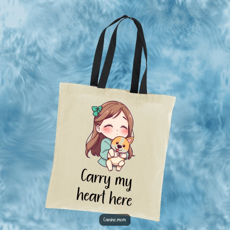 Funny tote bag showing a woman holding a dog and blowing a kiss, a humorous accessory for proud pet parents.