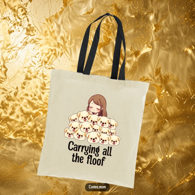 Funny tote bag featuring a woman petting a delightful waterfall of fluffy dog heads, a humorous and practical accessory.