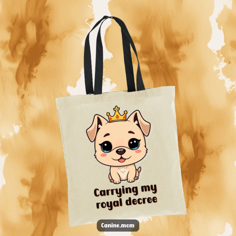 Funny tote bag featuring a proud dog with a small crown, exuding regal charm and perfect for carrying essentials, a funny gift.