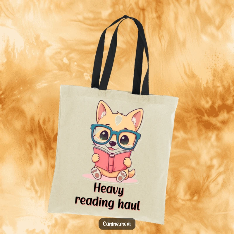 Funny dog tote bag, illustrated with a cute pup wearing large glasses, engrossed in reading a book, a charming and humorous accessory.
