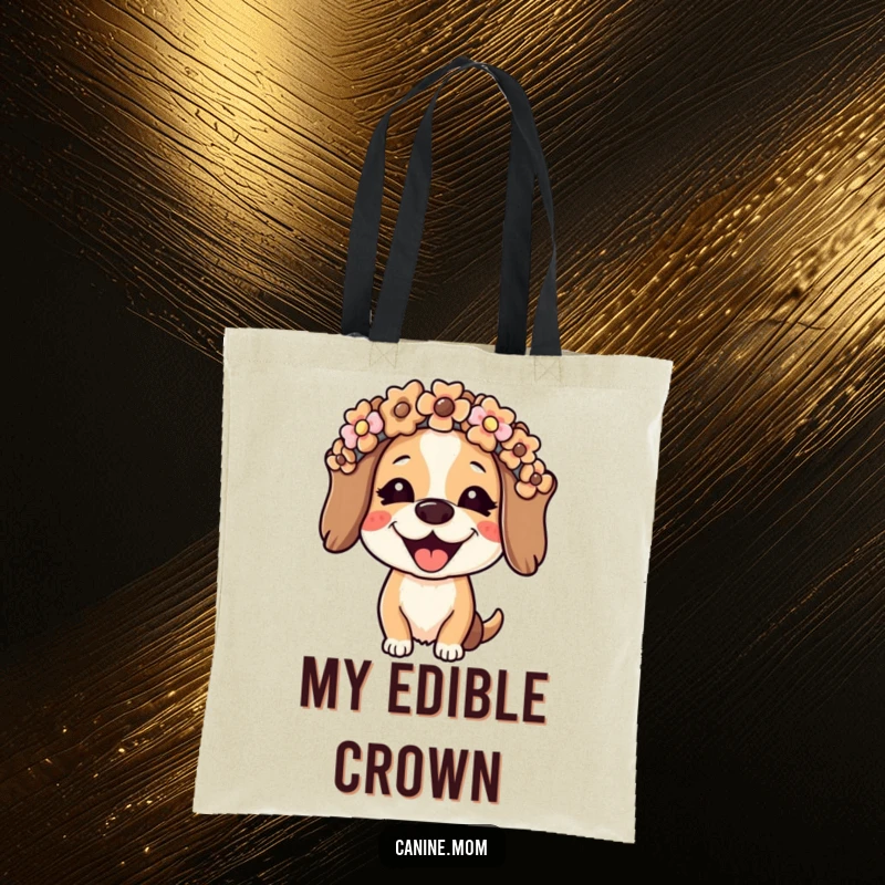Funny dog lady tote bag of a joyful woman wearing a flower crown made of dog biscuits. A chic and humorous accessory for dog moms.