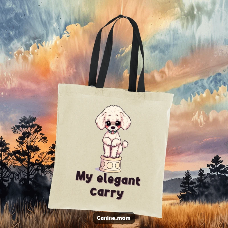 Funny Poodle Pedestal Tote Bag: A curious poodle poses elegantly on a tiny pedestal, ready for stylish errands.