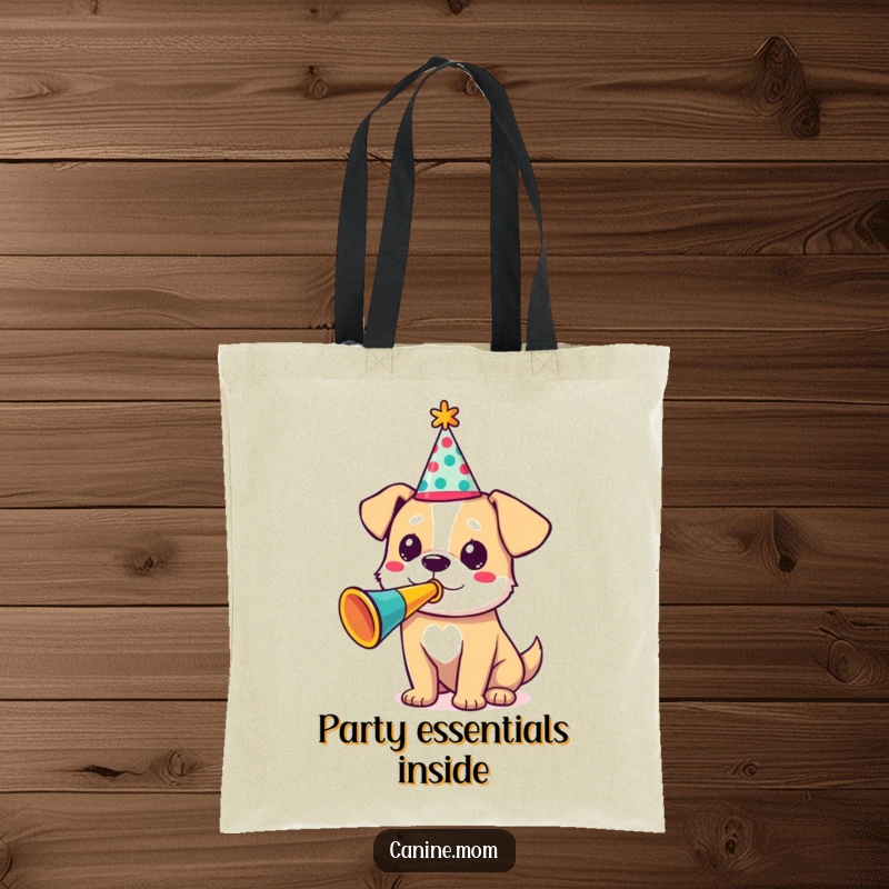 Funny tote bag with a dog in a party hat, happily blowing a colorful trumpet, a great funny gift for party lovers.