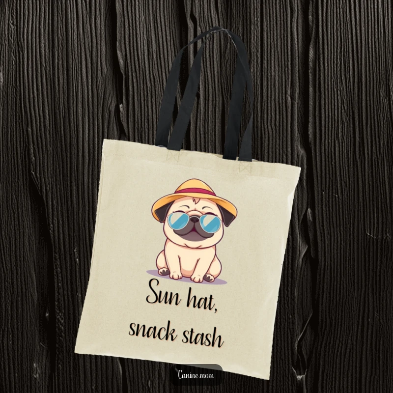 Funny Pug Tote Bag: A pug adorned with a tiny sun hat, enjoying a lovely warm day. A perfect funny gift for dog moms.