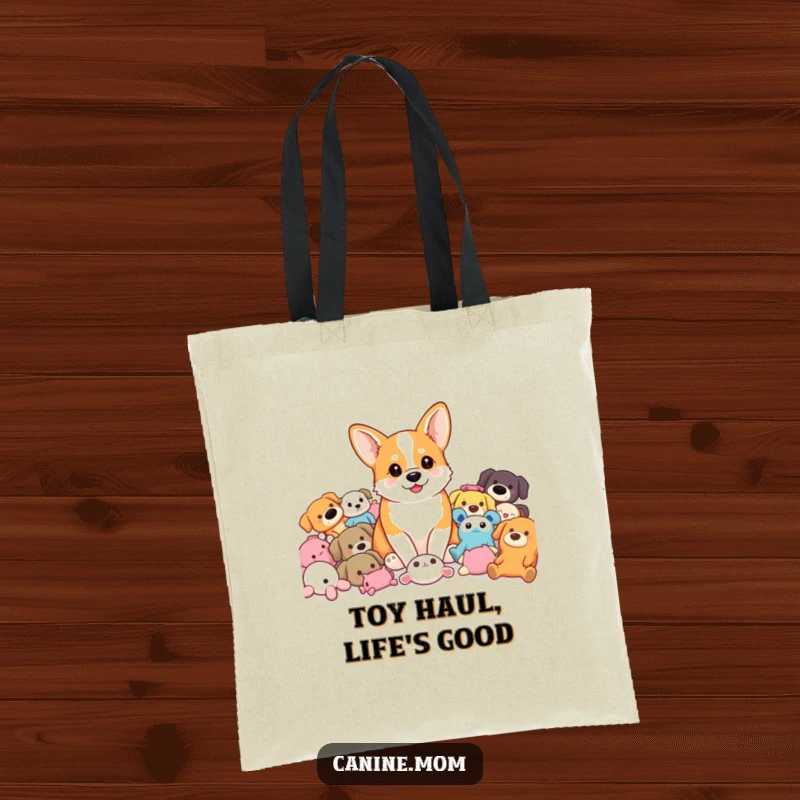 Funny Corgi Tote Bag: A corgi sitting joyfully in a pile of colorful dog toys, ready for playtime. A cute funny gift.