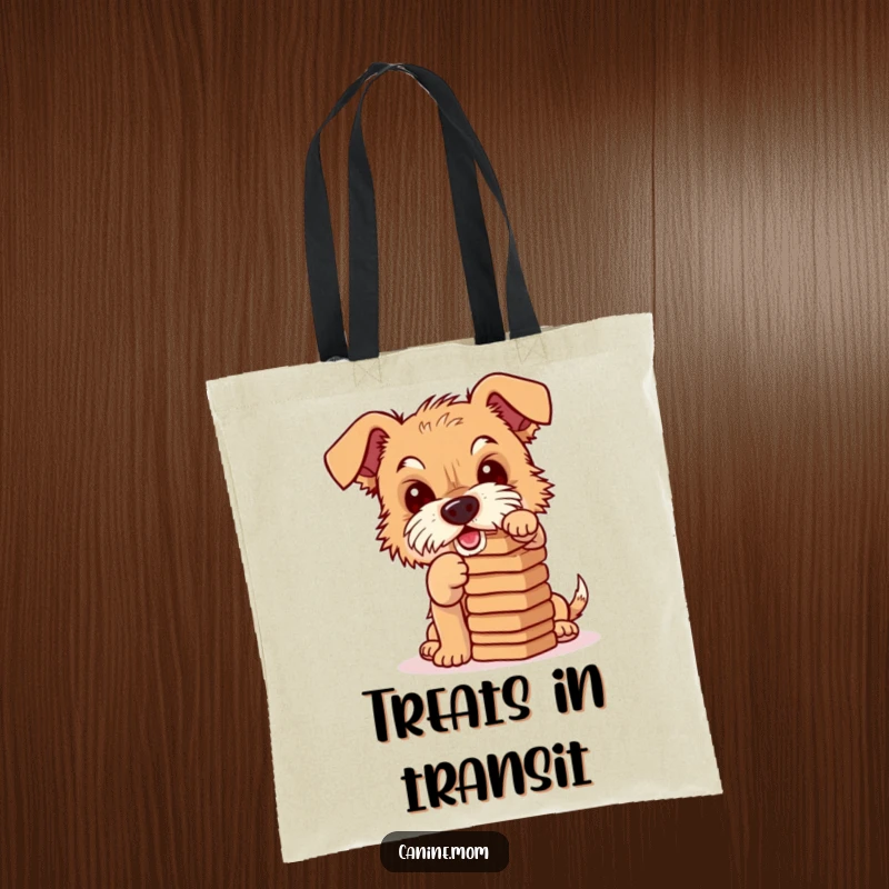 Funny tote bag with a mischievous terrier balancing a stack of dog biscuits, ideal for carrying groceries and a good dose of humor.